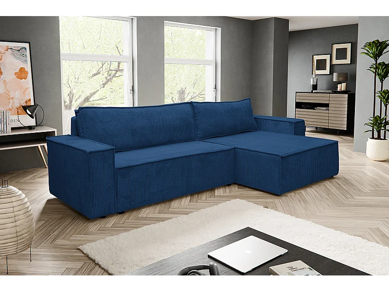Canapé d'angle Hugo XL avec fonction couchage et coffre de rangement, couleur : bleu, tissu cordé, ottomane à gauche ou à droite