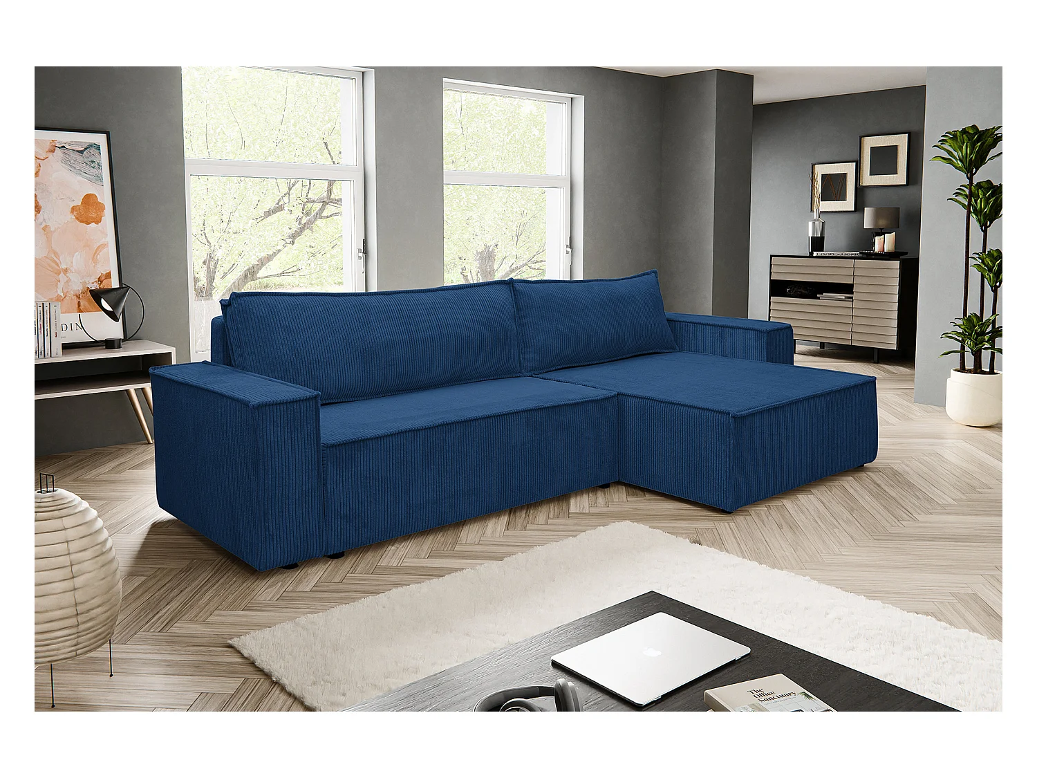 Canapé d'angle Hugo XL avec fonction couchage et coffre de rangement, couleur : bleu, tissu cordé, ottomane à gauche ou à droite