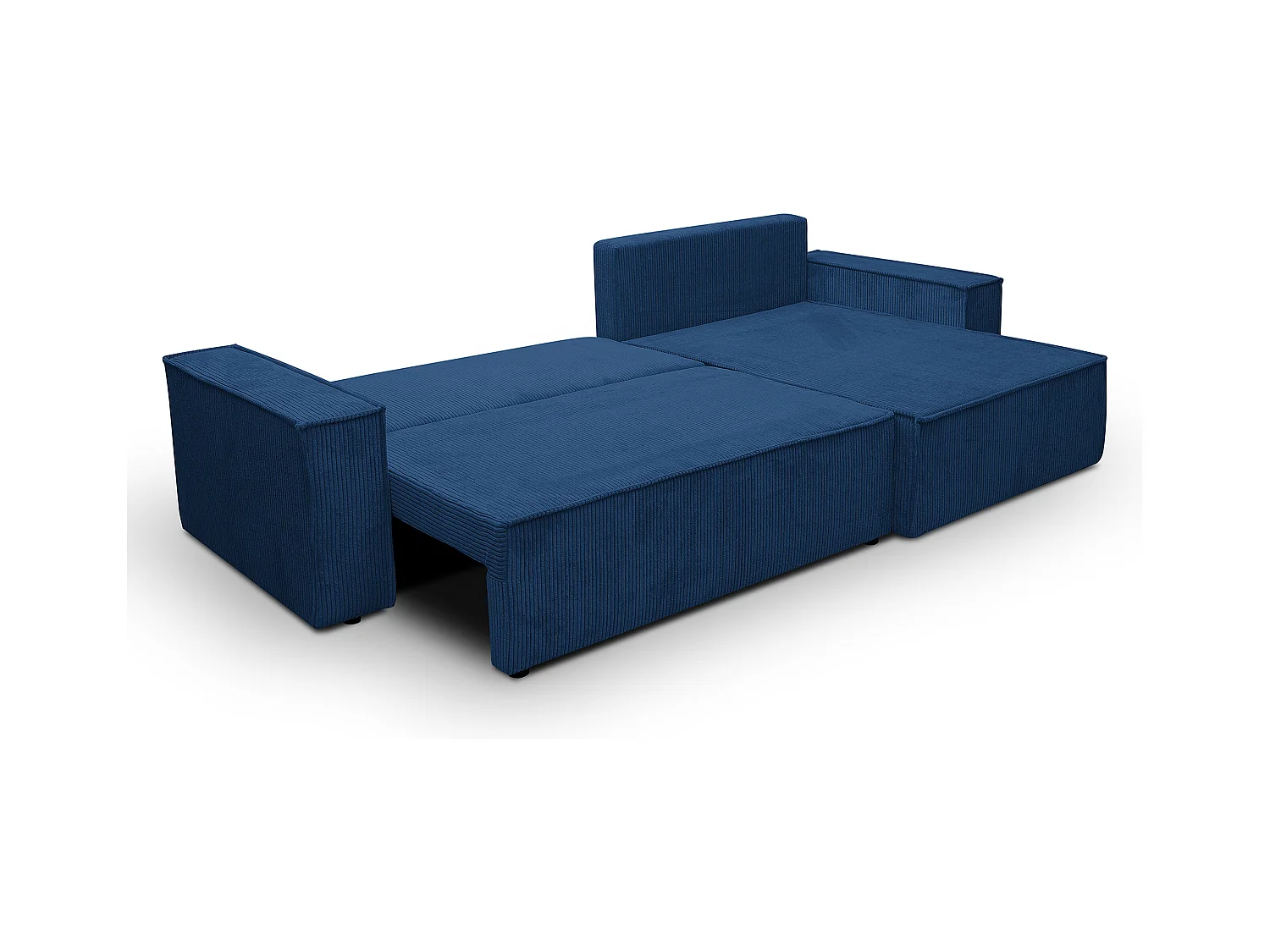 Canapé d'angle Hugo XL avec fonction couchage et coffre de rangement, couleur : bleu, tissu cordé, ottomane à gauche ou à droite