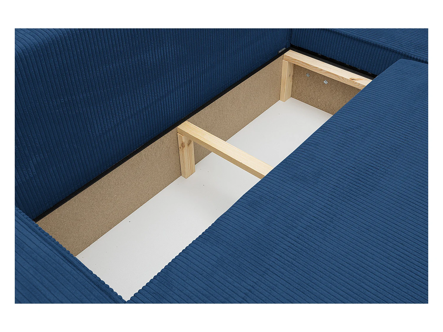 Canapé d'angle Hugo XL avec fonction couchage et coffre de rangement, couleur : bleu, tissu cordé, ottomane à gauche ou à droite
