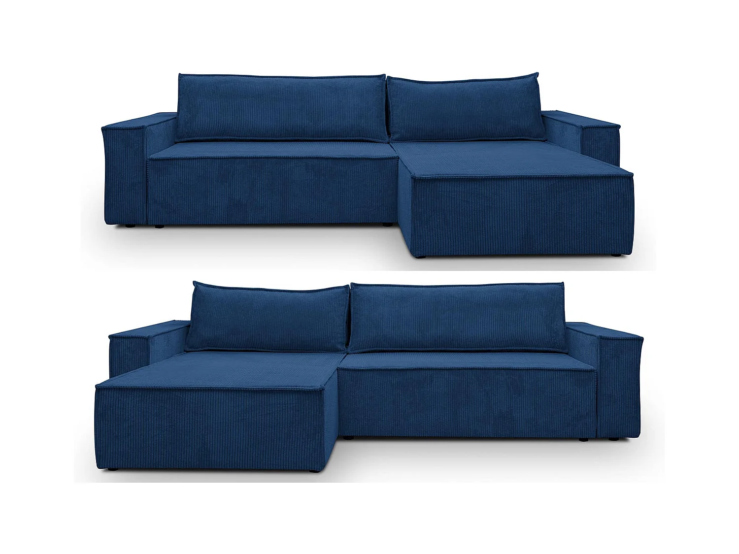 Canapé d'angle Hugo XL avec fonction couchage et coffre de rangement, couleur : bleu, tissu cordé, ottomane à gauche ou à droite