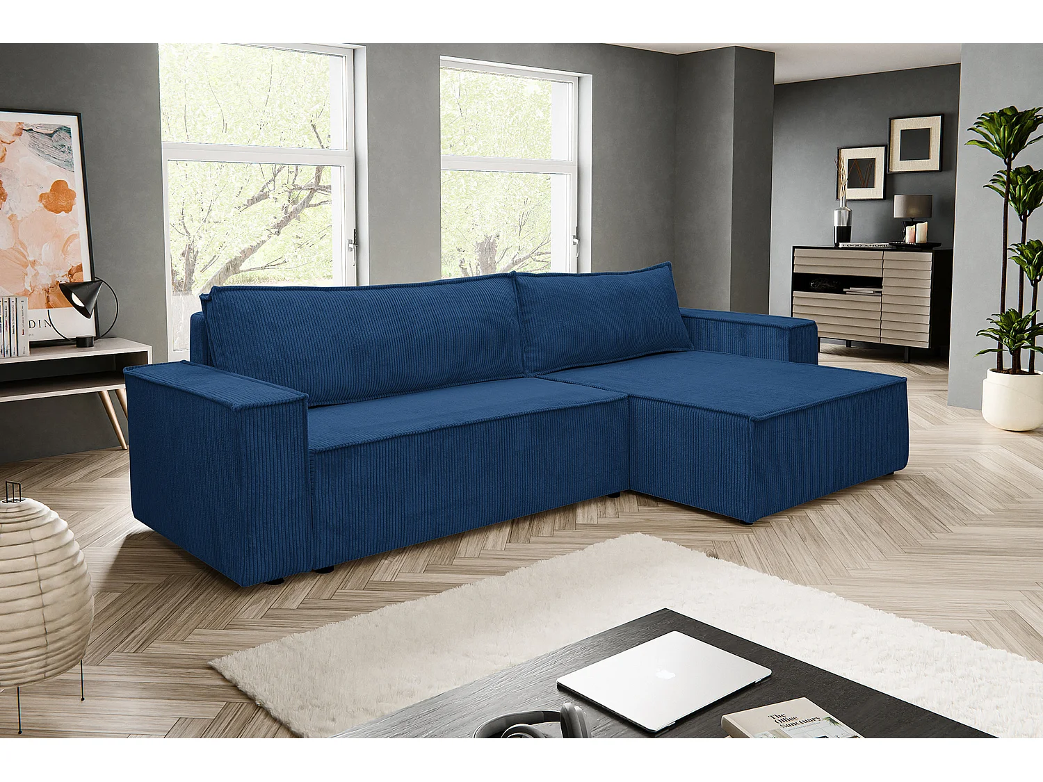 Canapé d'angle Hugo XL avec fonction couchage et coffre de rangement, couleur : bleu, tissu cordé, ottomane à gauche ou à droite
