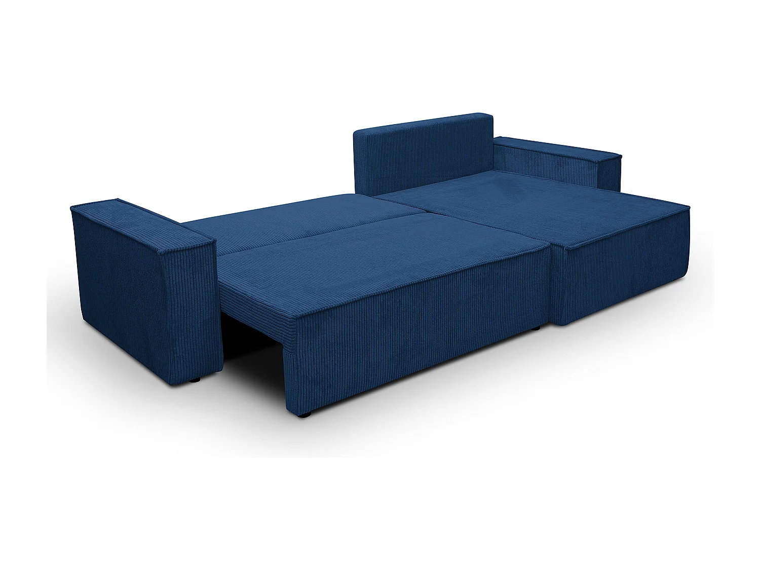 Canapé d'angle Hugo XL avec fonction couchage et coffre de rangement, couleur : bleu, tissu cordé, ottomane à gauche ou à droite