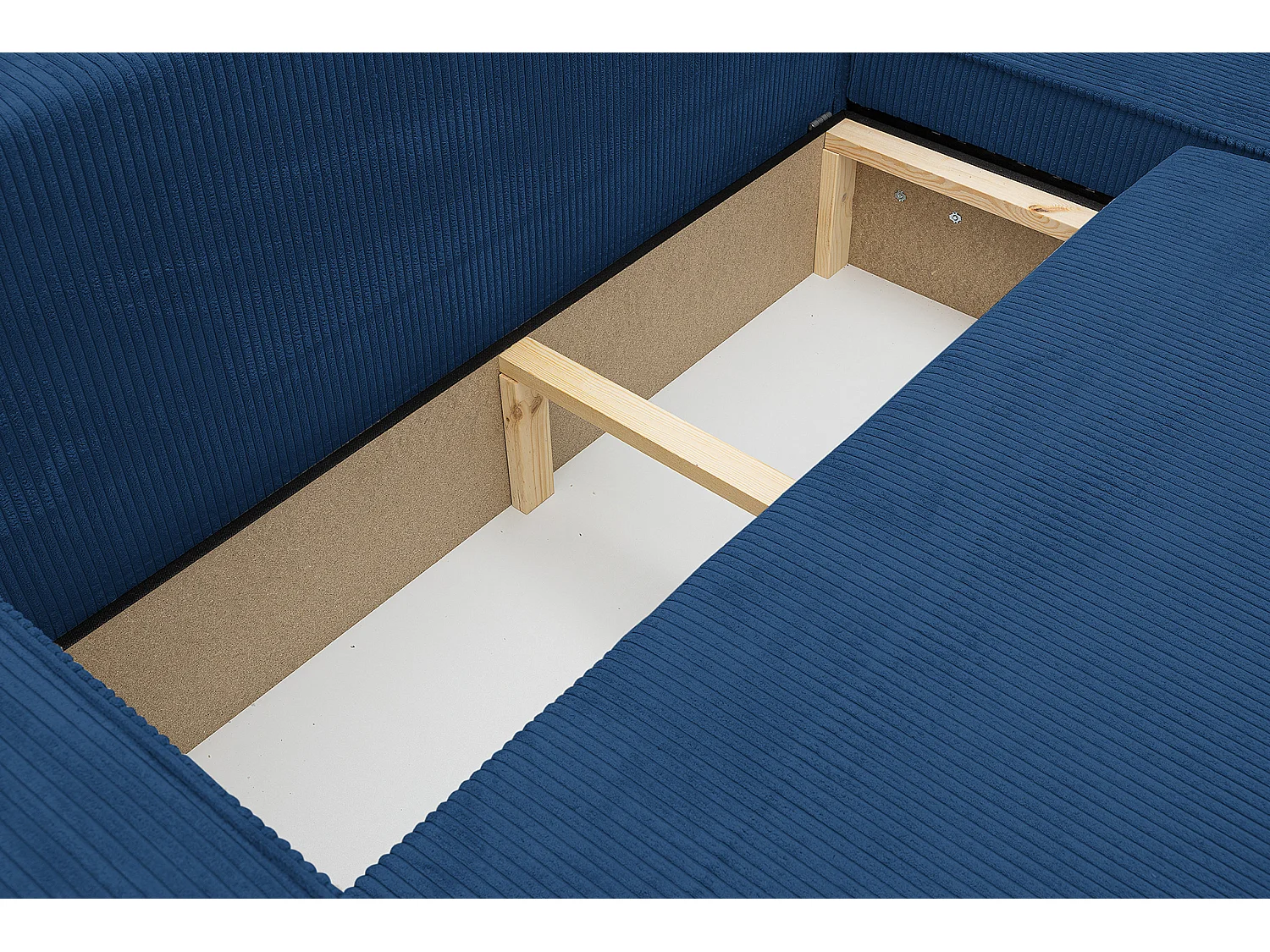 Canapé d'angle Hugo XL avec fonction couchage et coffre de rangement, couleur : bleu, tissu cordé, ottomane à gauche ou à droite