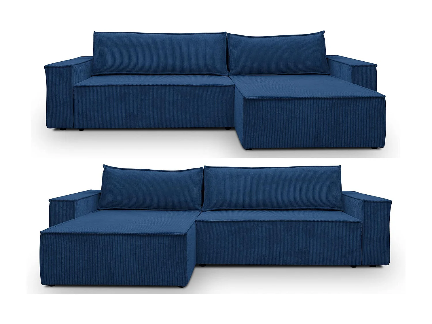 Canapé d'angle Hugo XL avec fonction couchage et coffre de rangement, couleur : bleu, tissu cordé, ottomane à gauche ou à droite