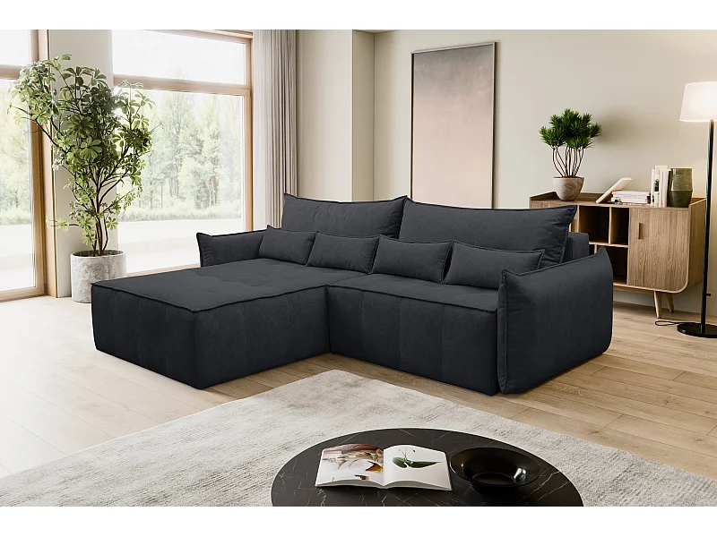 Canapé d'angle Empoli avec fonction couchage et coffre de rangement, couleur : gris foncé, tissu velours, pouf à gauche