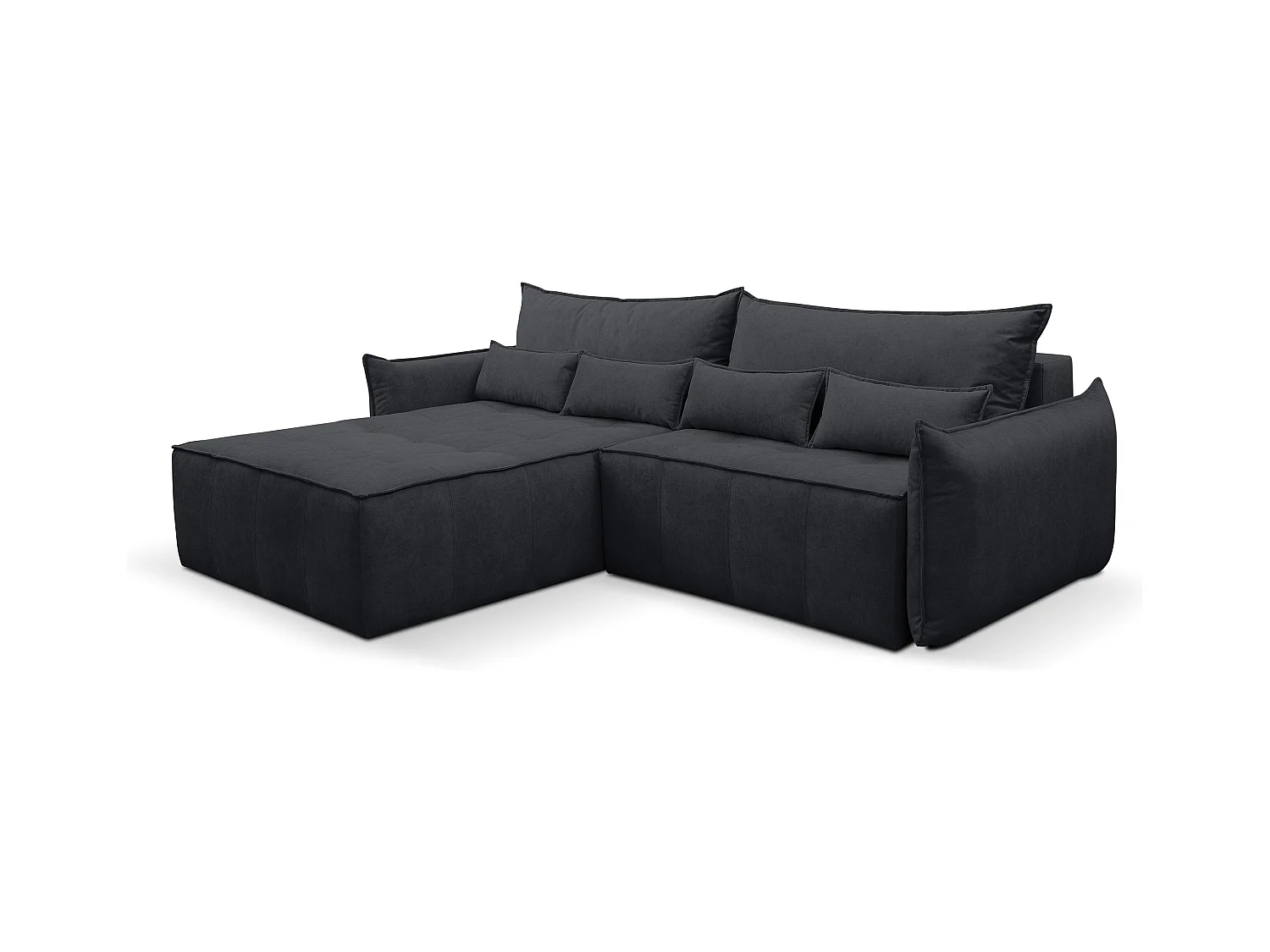 Canapé d'angle Empoli avec fonction couchage et coffre de rangement, couleur : gris foncé, tissu velours, pouf à gauche