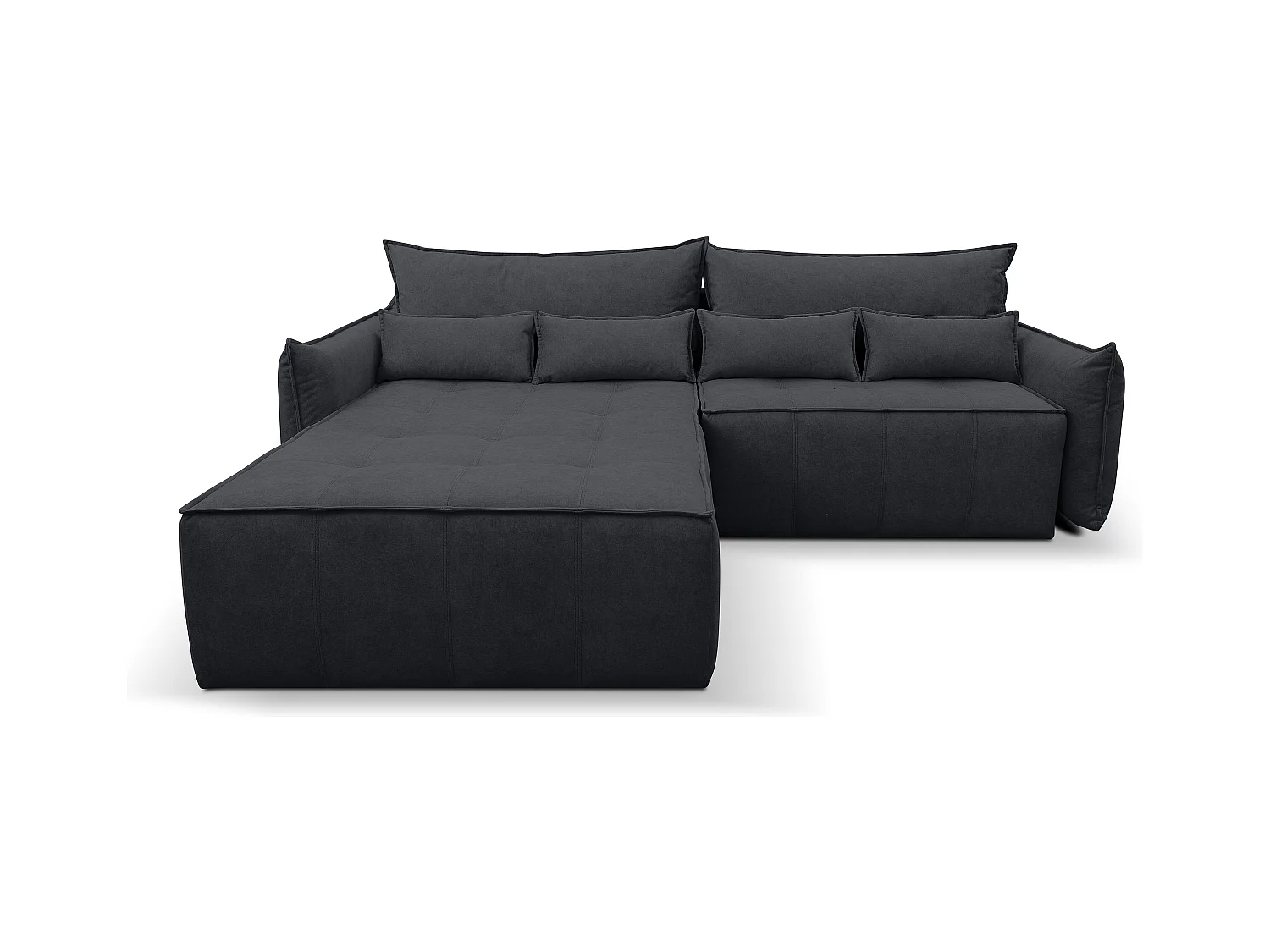 Canapé d'angle Empoli avec fonction couchage et coffre de rangement, couleur : gris foncé, tissu velours, pouf à gauche