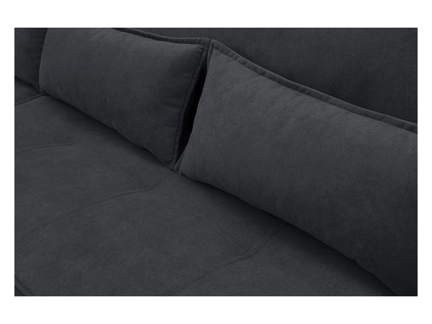 Canapé d'angle Empoli avec fonction couchage et coffre de rangement, couleur : gris foncé, tissu velours, pouf à gauche