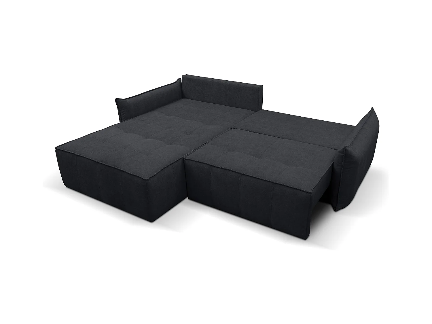 Canapé d'angle Empoli avec fonction couchage et coffre de rangement, couleur : gris foncé, tissu velours, pouf à gauche