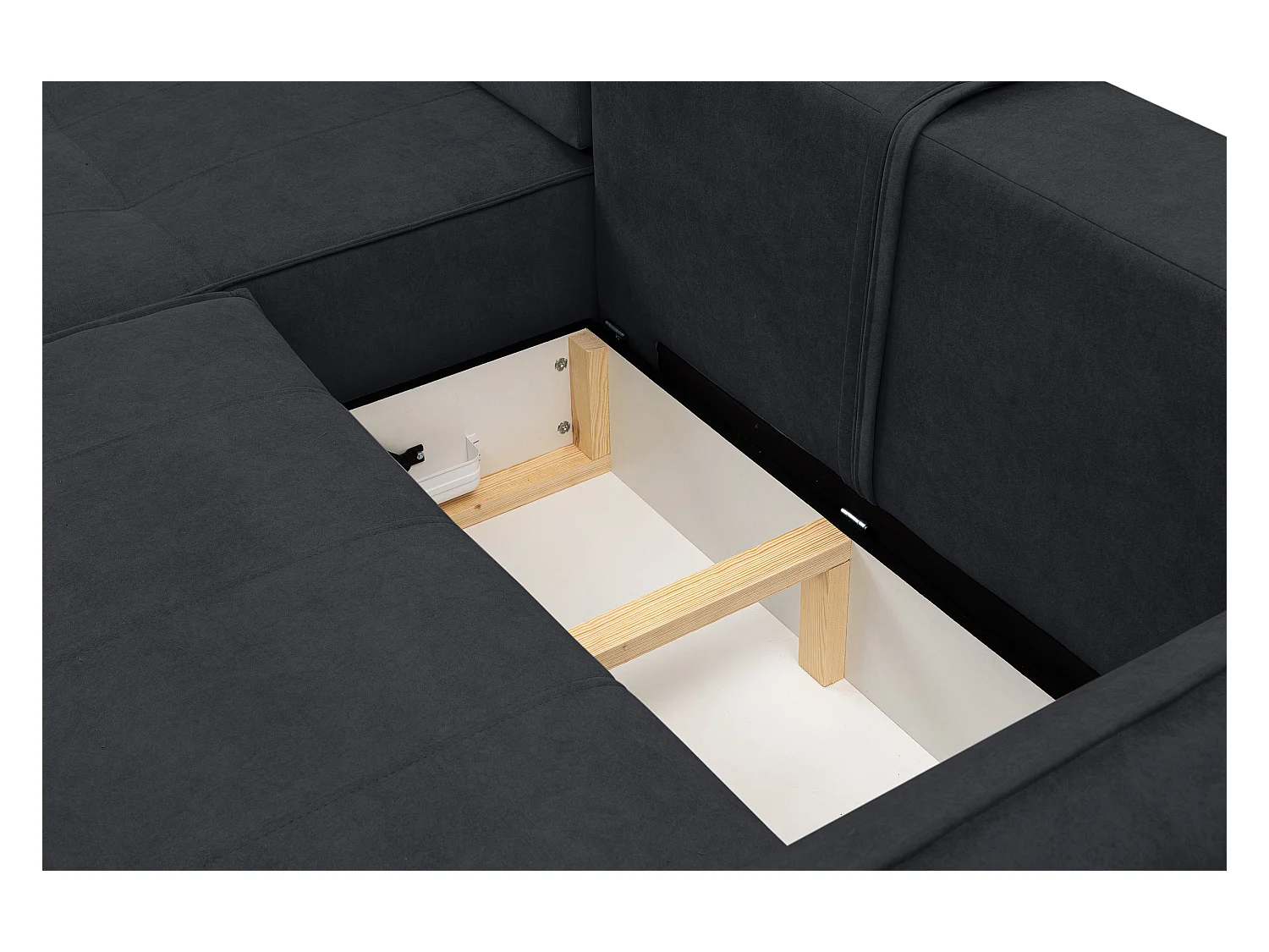 Canapé d'angle Empoli avec fonction couchage et coffre de rangement, couleur : gris foncé, tissu velours, pouf à gauche