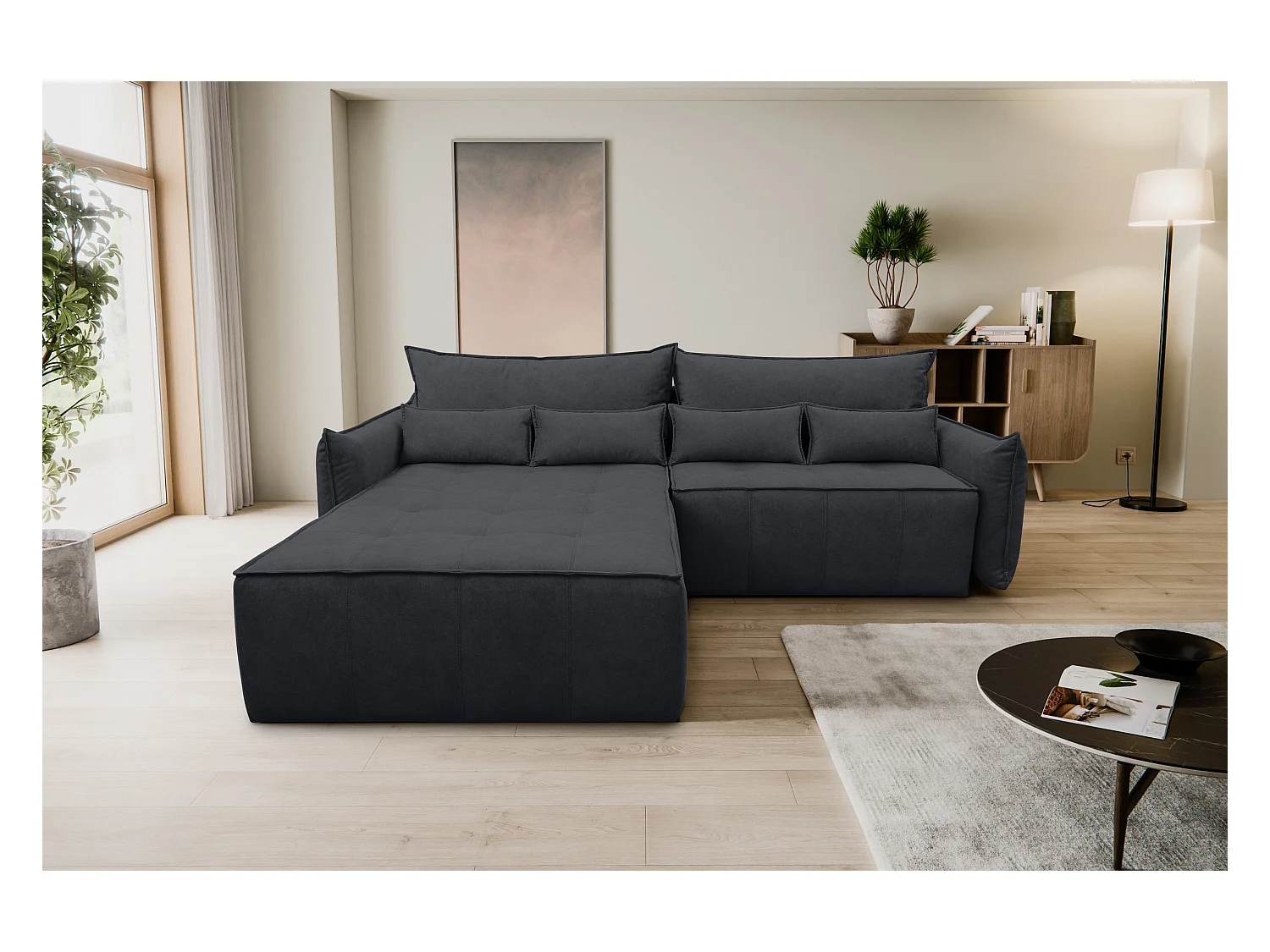 Canapé d'angle Empoli avec fonction couchage et coffre de rangement, couleur : gris foncé, tissu velours, pouf à gauche