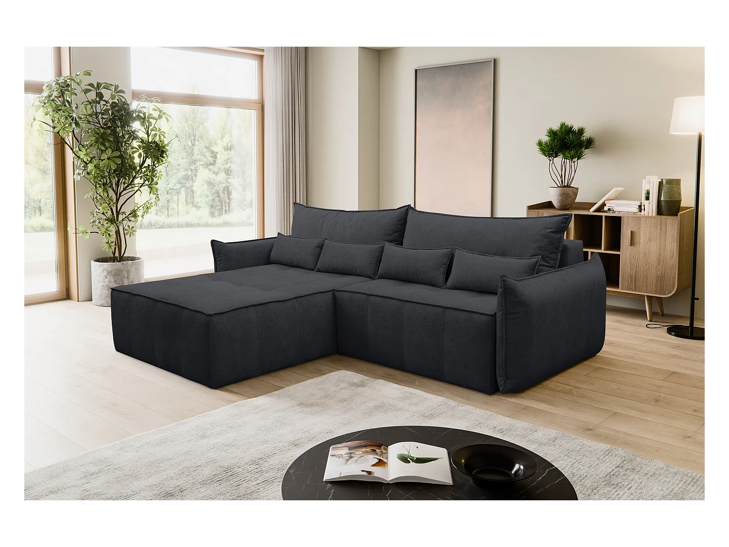 Canapé d'angle Empoli avec fonction couchage et coffre de rangement, couleur : gris foncé, tissu velours, pouf à gauche