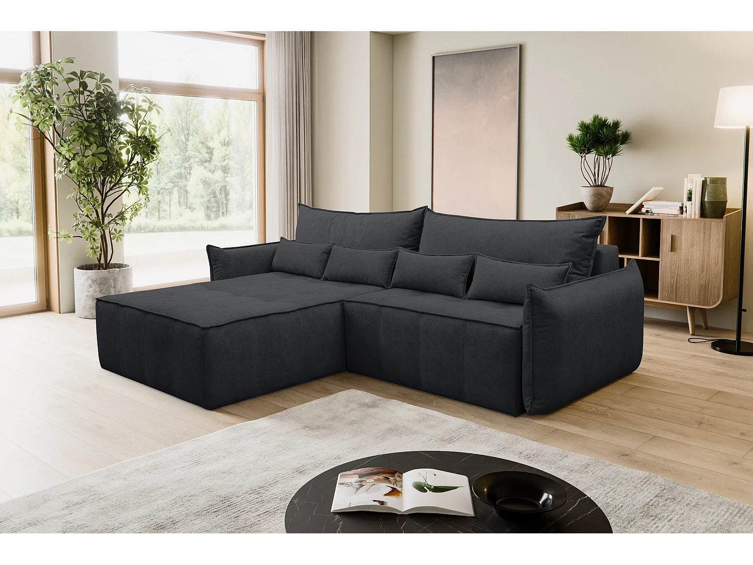 Canapé d'angle Empoli avec fonction couchage et coffre de rangement, couleur : gris foncé, tissu velours, pouf à gauche