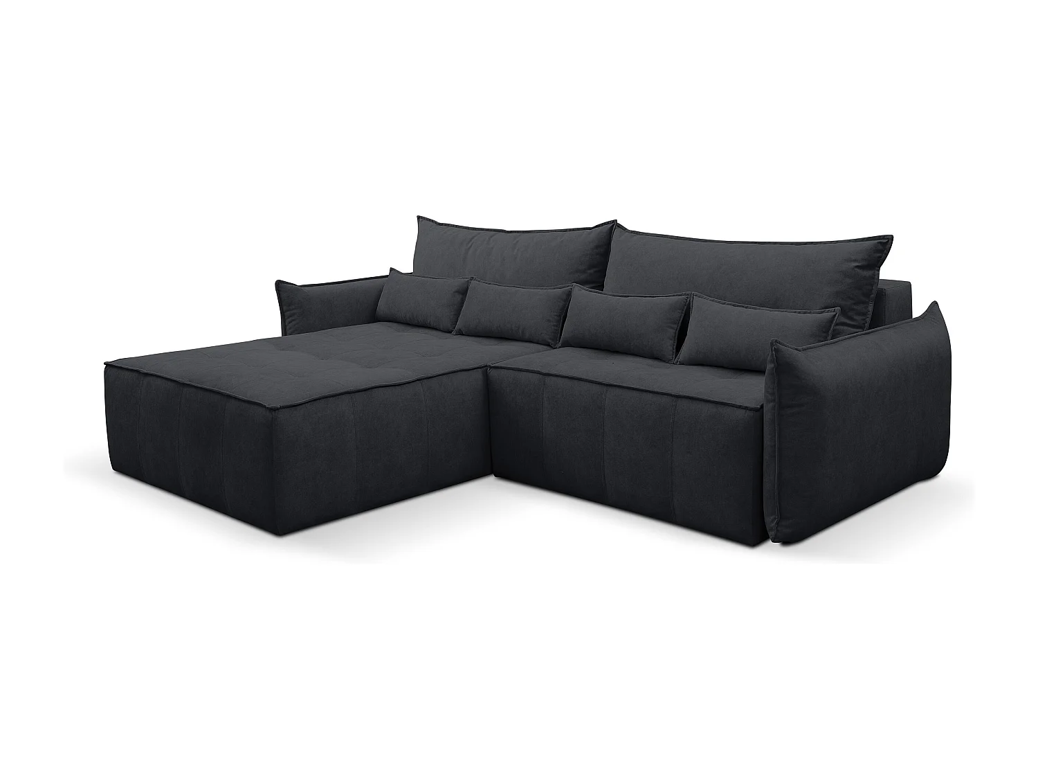 Canapé d'angle Empoli avec fonction couchage et coffre de rangement, couleur : gris foncé, tissu velours, pouf à gauche