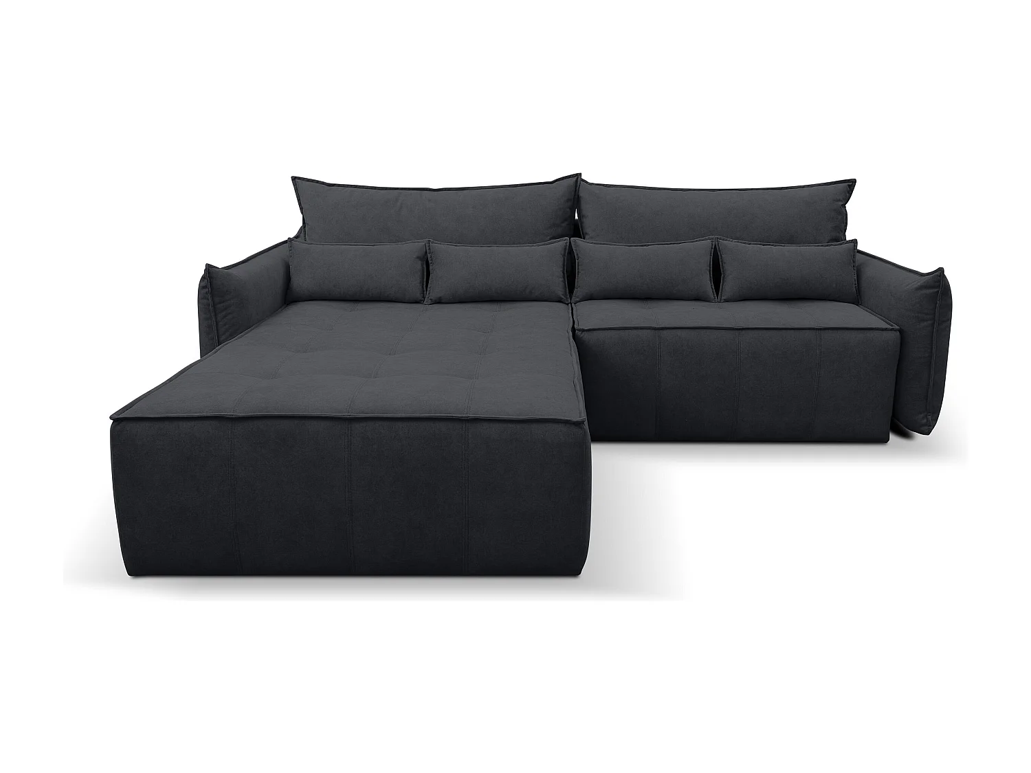 Canapé d'angle Empoli avec fonction couchage et coffre de rangement, couleur : gris foncé, tissu velours, pouf à gauche