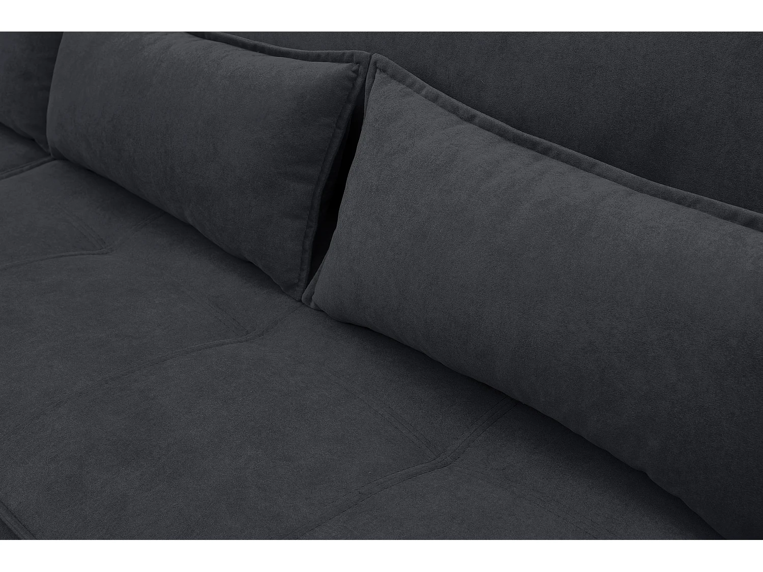 Canapé d'angle Empoli avec fonction couchage et coffre de rangement, couleur : gris foncé, tissu velours, pouf à gauche