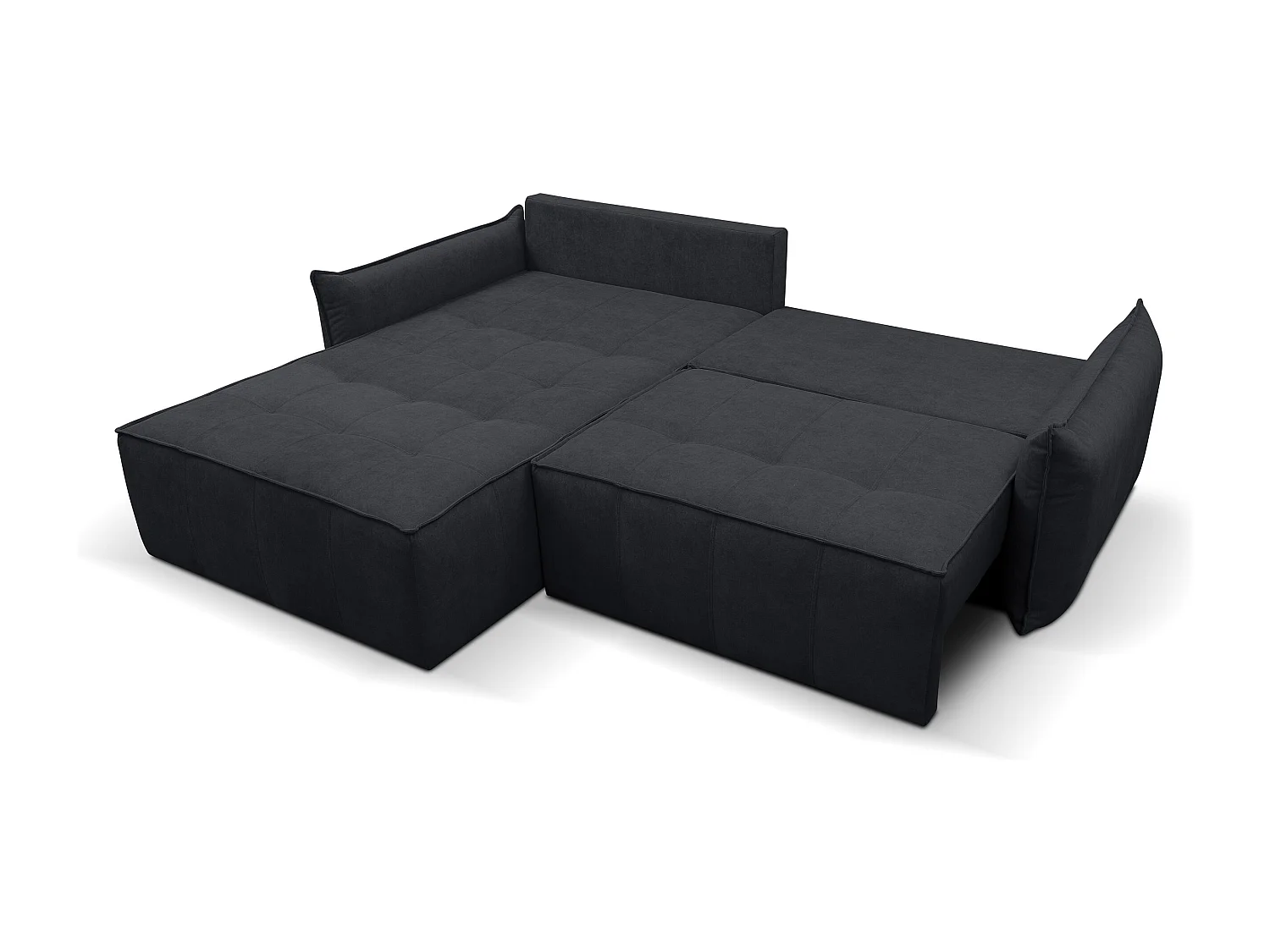 Canapé d'angle Empoli avec fonction couchage et coffre de rangement, couleur : gris foncé, tissu velours, pouf à gauche