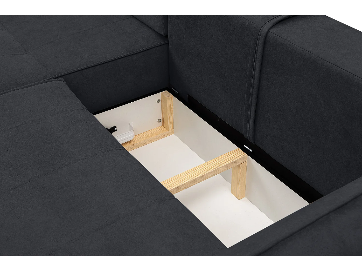Canapé d'angle Empoli avec fonction couchage et coffre de rangement, couleur : gris foncé, tissu velours, pouf à gauche