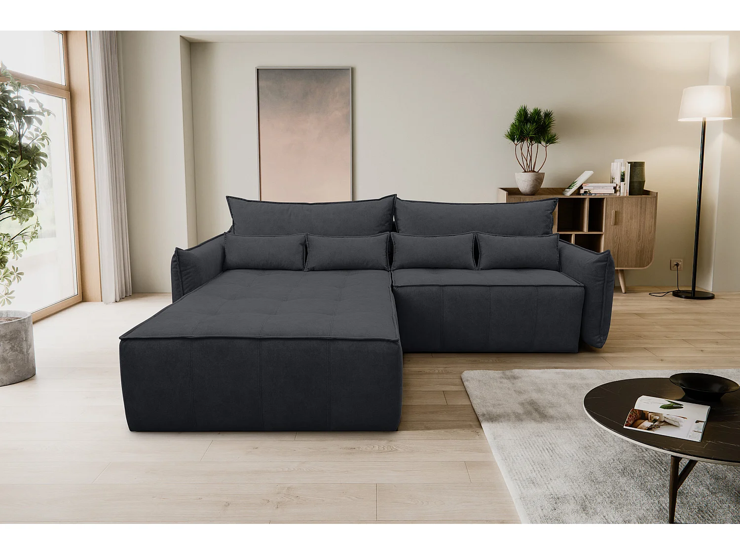 Canapé d'angle Empoli avec fonction couchage et coffre de rangement, couleur : gris foncé, tissu velours, pouf à gauche