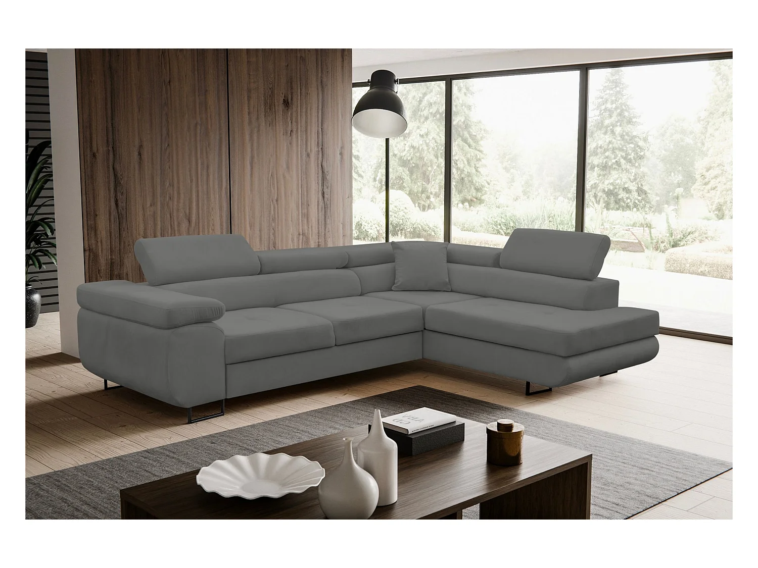 Canapé d'angle Jerry avec fonction couchage et coffre de rangement, couleur : gris, tissu velours, pouf à droite