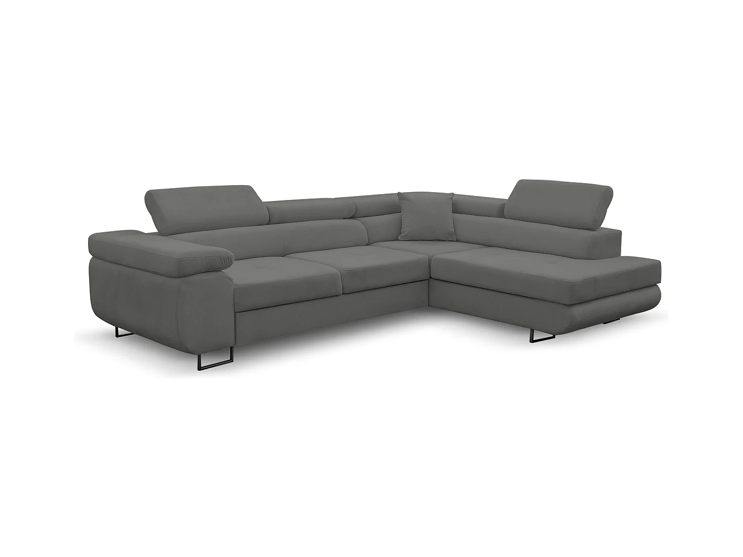 Canapé d'angle Jerry avec fonction couchage et coffre de rangement, couleur : gris, tissu velours, pouf à droite