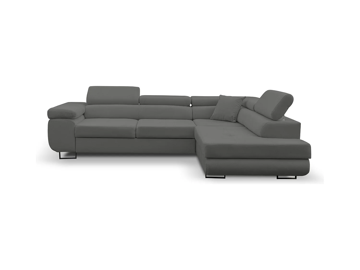 Canapé d'angle Jerry avec fonction couchage et coffre de rangement, couleur : gris, tissu velours, pouf à droite