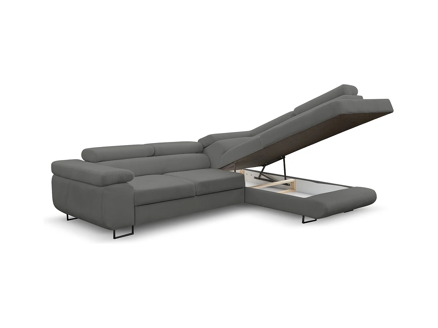 Canapé d'angle Jerry avec fonction couchage et coffre de rangement, couleur : gris, tissu velours, pouf à droite