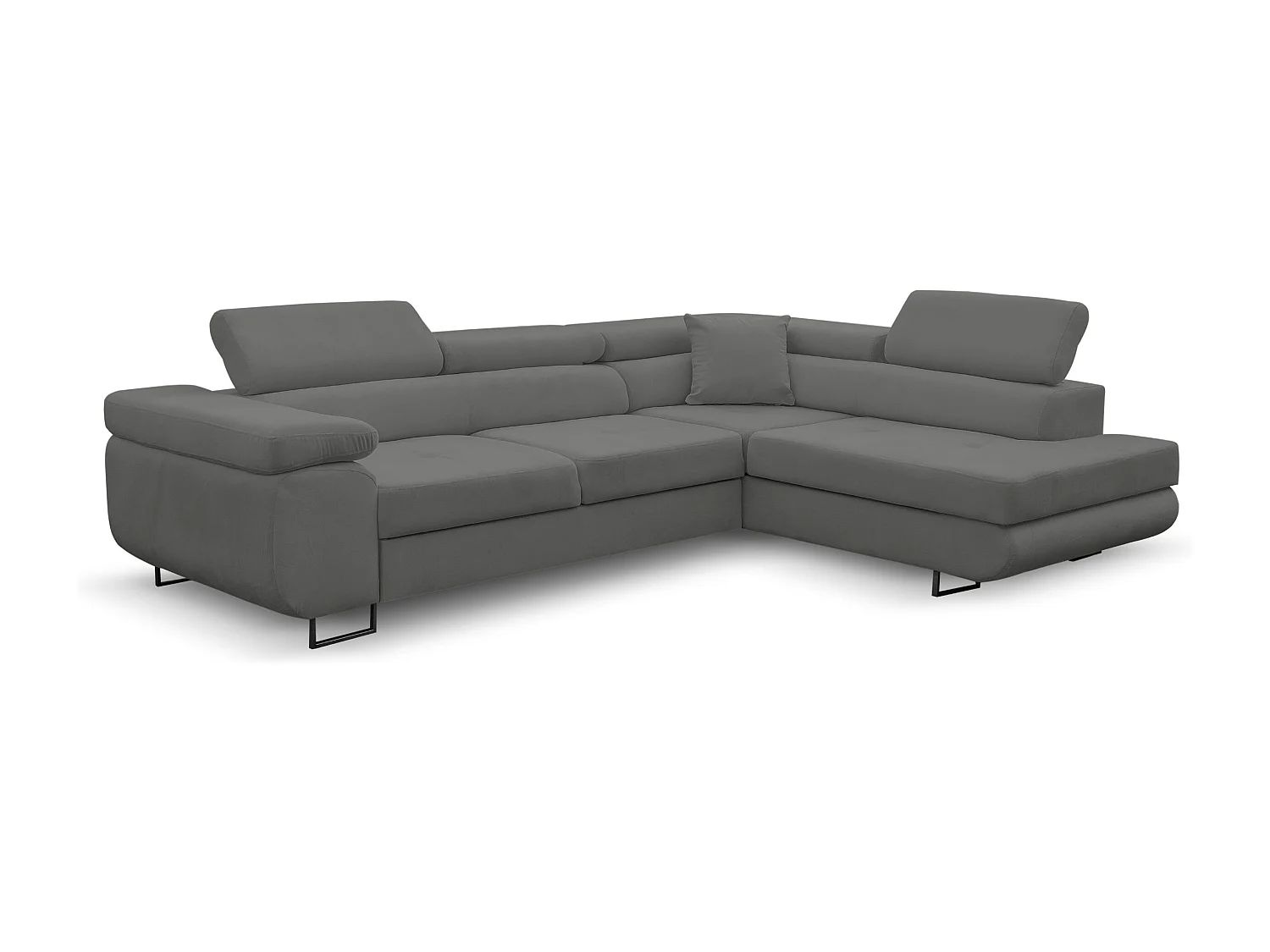 Canapé d'angle Jerry avec fonction couchage et coffre de rangement, couleur : gris, tissu velours, pouf à droite