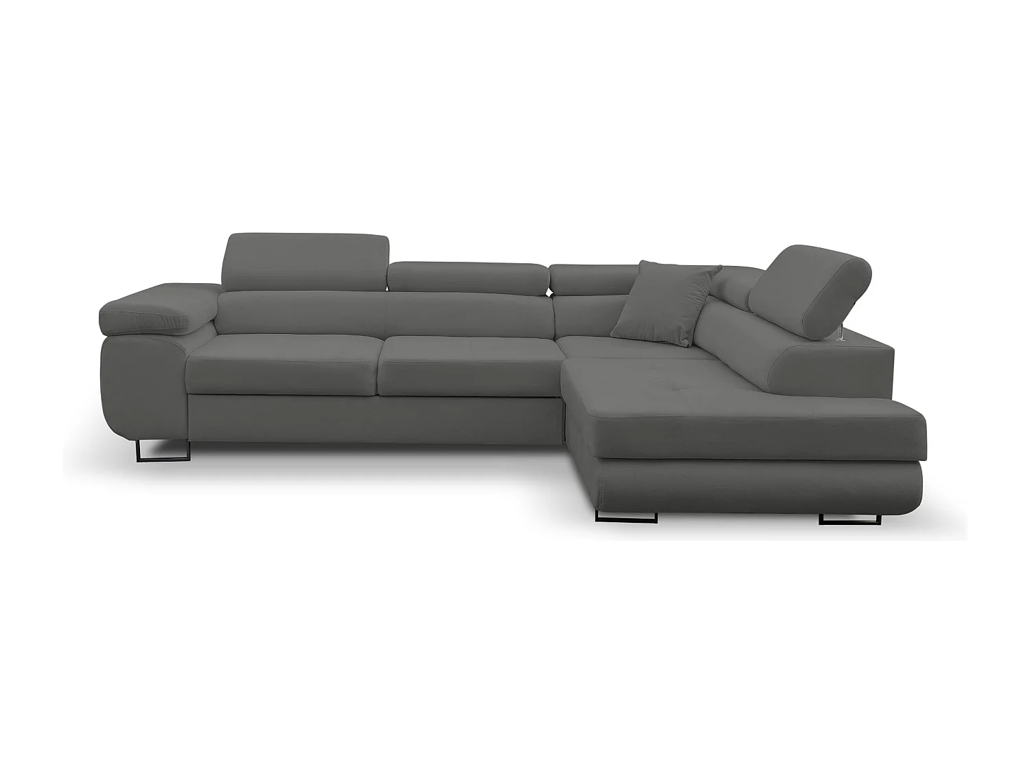 Canapé d'angle Jerry avec fonction couchage et coffre de rangement, couleur : gris, tissu velours, pouf à droite