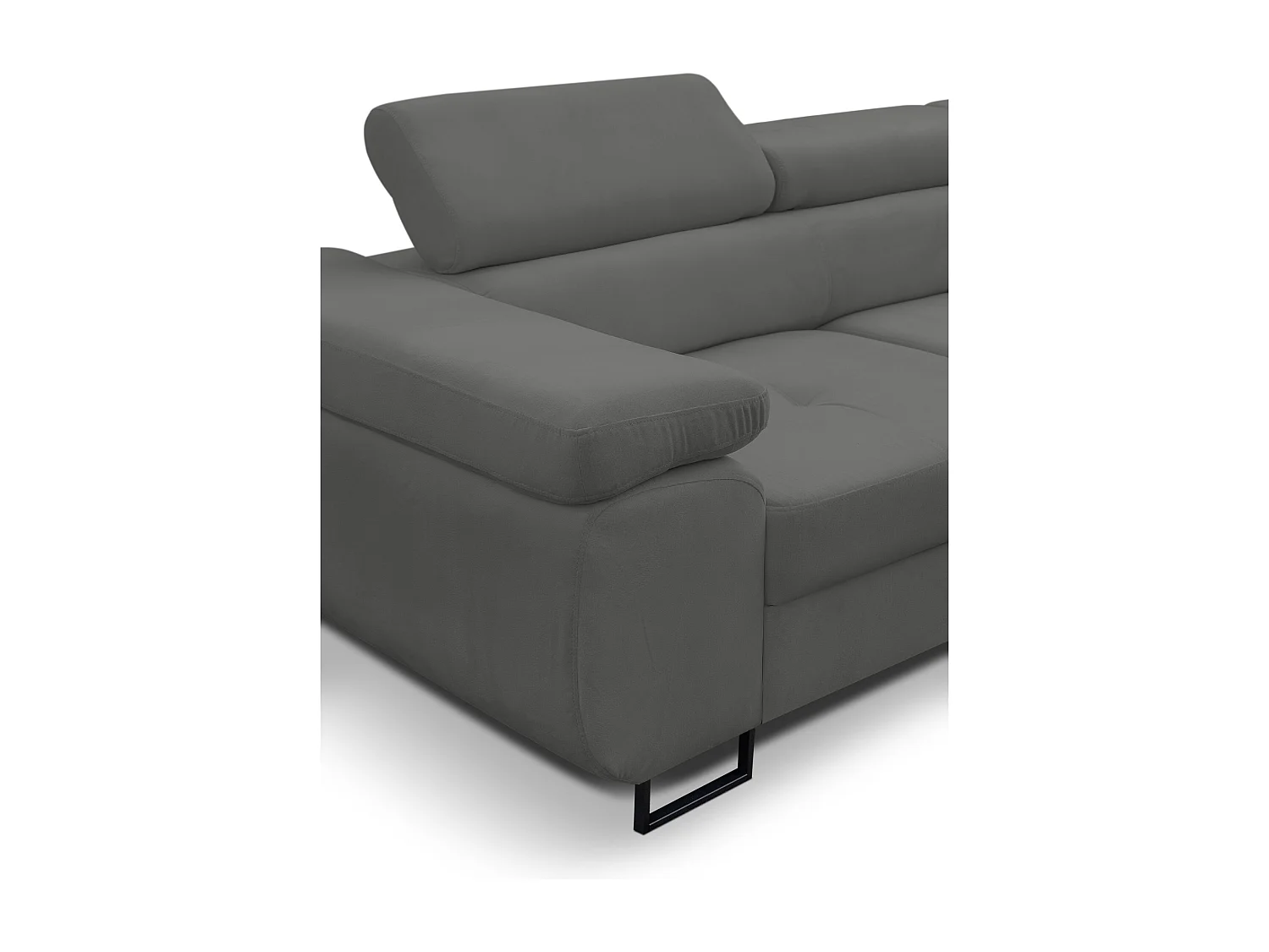 Canapé d'angle Jerry avec fonction couchage et coffre de rangement, couleur : gris, tissu velours, pouf à droite