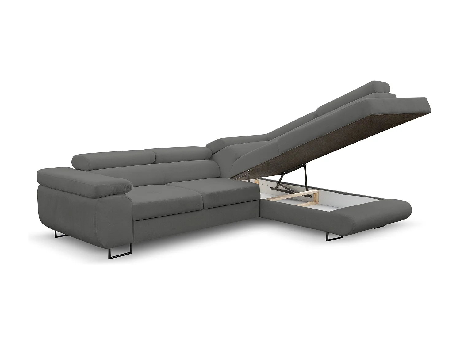 Canapé d'angle Jerry avec fonction couchage et coffre de rangement, couleur : gris, tissu velours, pouf à droite