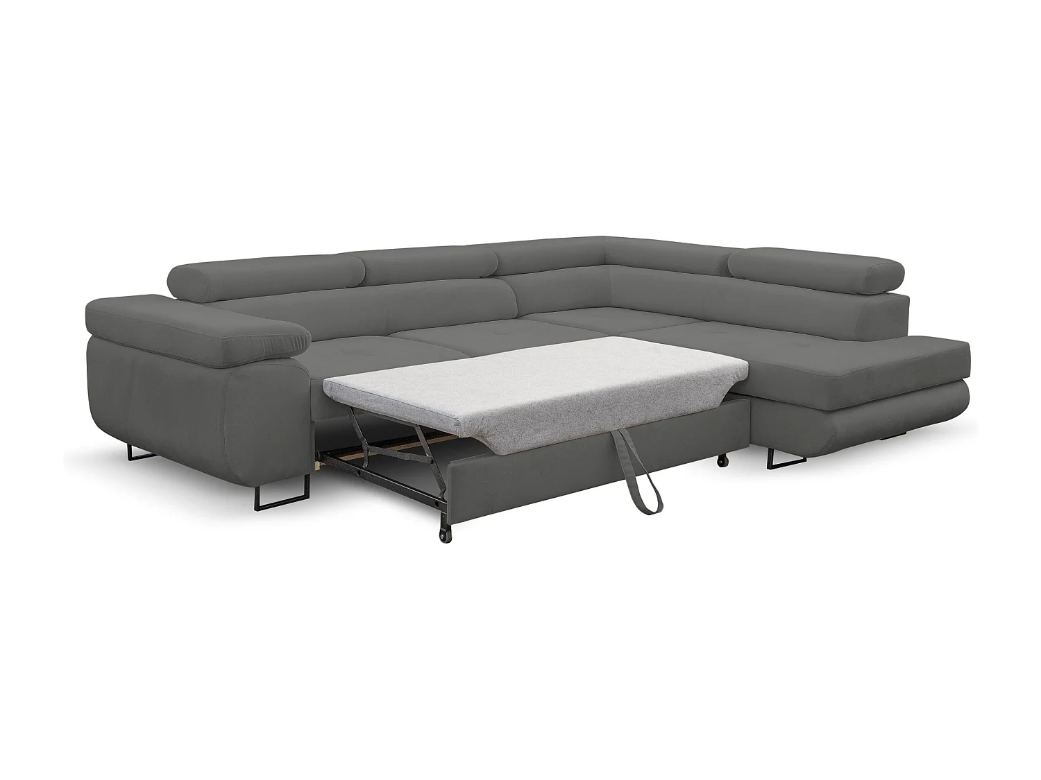 Canapé d'angle Jerry avec fonction couchage et coffre de rangement, couleur : gris, tissu velours, pouf à droite