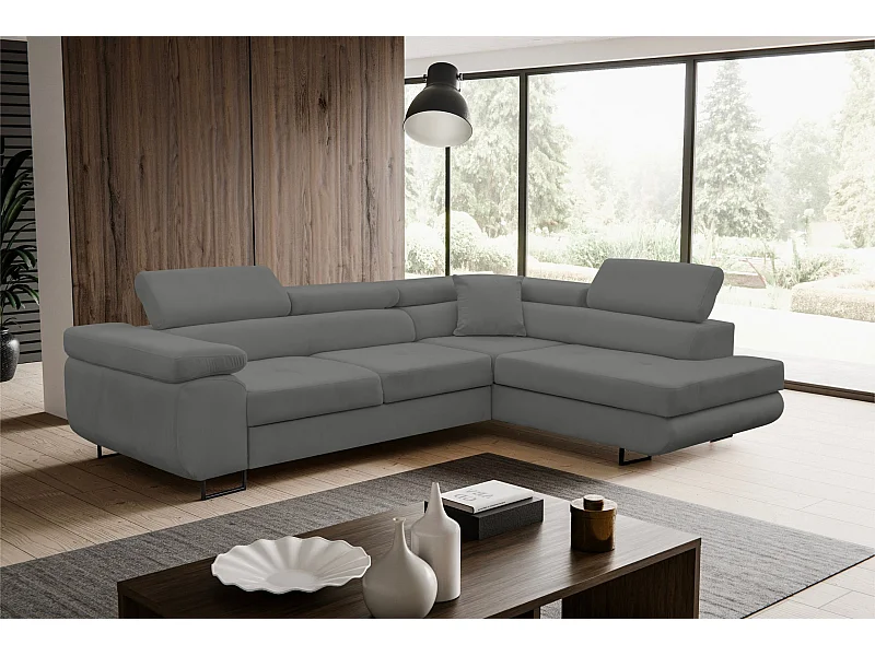 Canapé d'angle Jerry avec fonction couchage et coffre de rangement, couleur : gris, tissu velours, pouf à droite