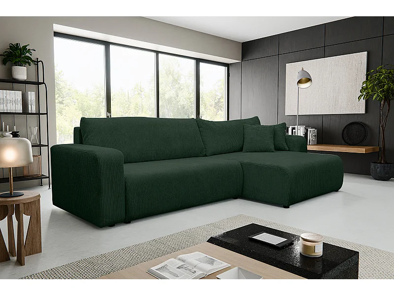 Hoekbank Luna XL, hoekbank in L-vorm met slaapfunctie en bedbak, kleur: groen, corduroy, ottomane links of rechts