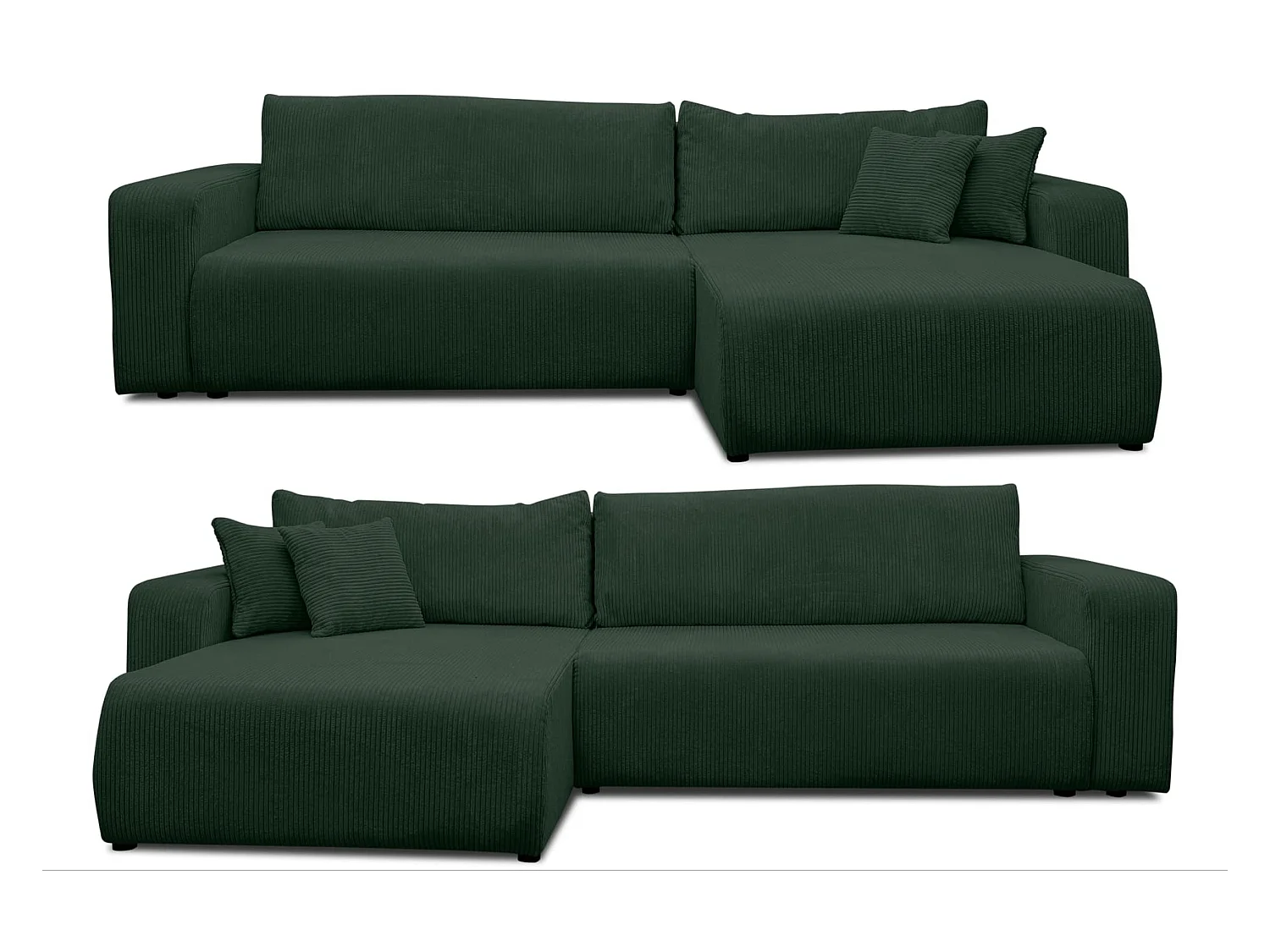 Canapé d'angle Luna XL avec fonction de couchage et coffre de rangement, couleur : vert, tissu velours côtelé, pouf à gauche ou à droite