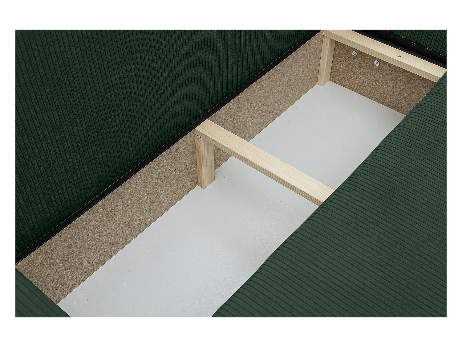 Canapé d'angle Luna XL avec fonction de couchage et coffre de rangement, couleur : vert, tissu velours côtelé, pouf à gauche ou à droite