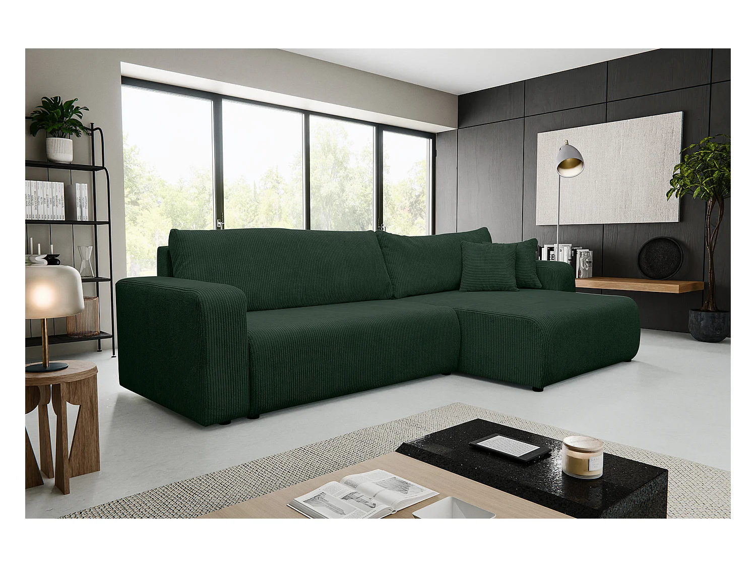 Hoekbank Luna XL, hoekbank in L-vorm met slaapfunctie en bedbak, kleur: groen, corduroy, ottomane links of rechts