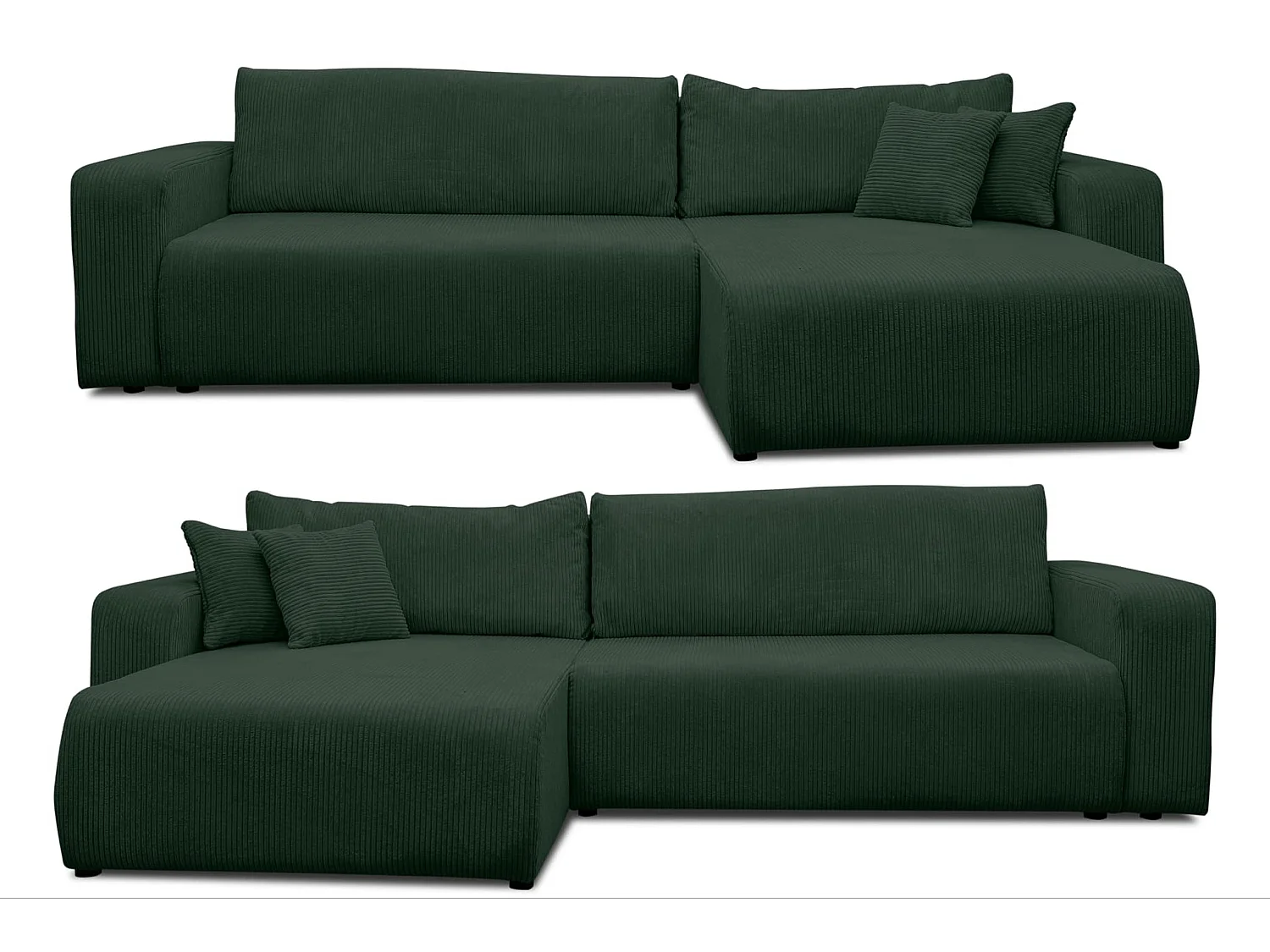 Canapé d'angle Luna XL avec fonction de couchage et coffre de rangement, couleur : vert, tissu velours côtelé, pouf à gauche ou à droite