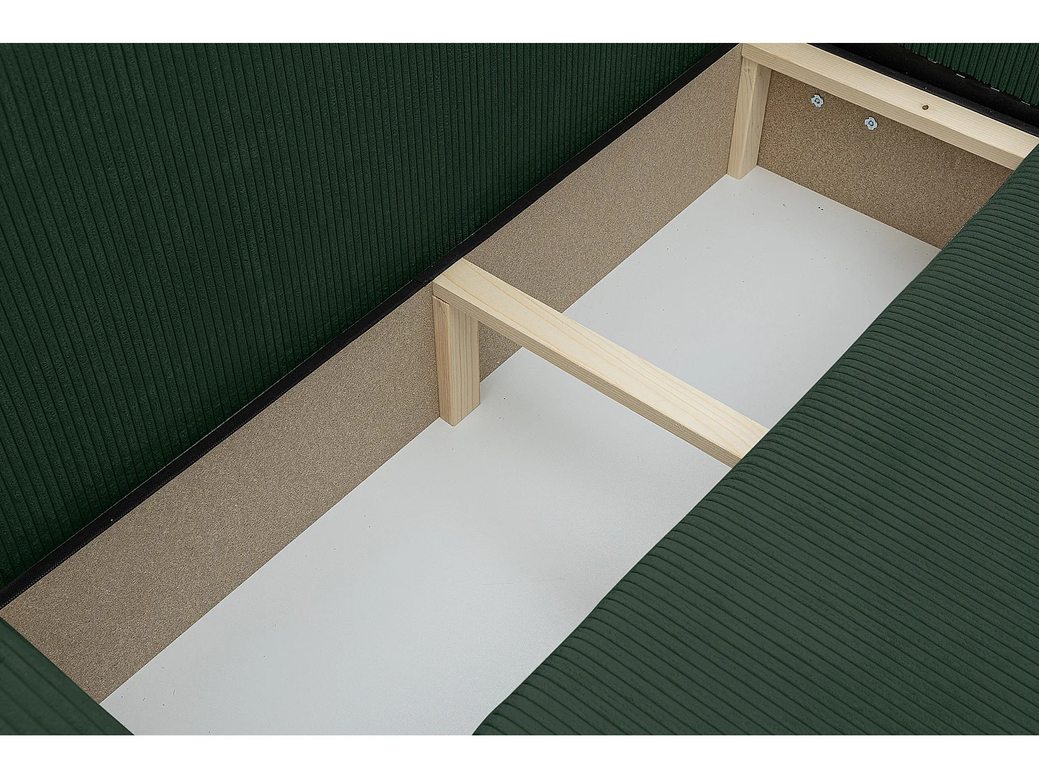 Canapé d'angle Luna XL avec fonction de couchage et coffre de rangement, couleur : vert, tissu velours côtelé, pouf à gauche ou à droite