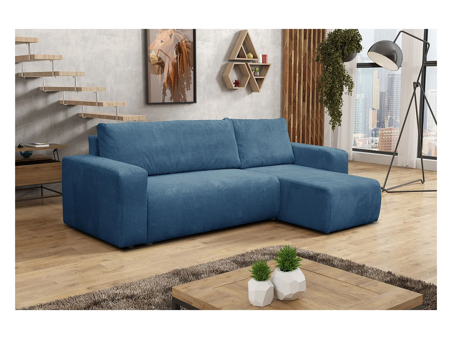 Canapé d'angle Luna L avec fonction couchage et coffre de rangement, couleur : bleu, tissu cordé, pouf universel