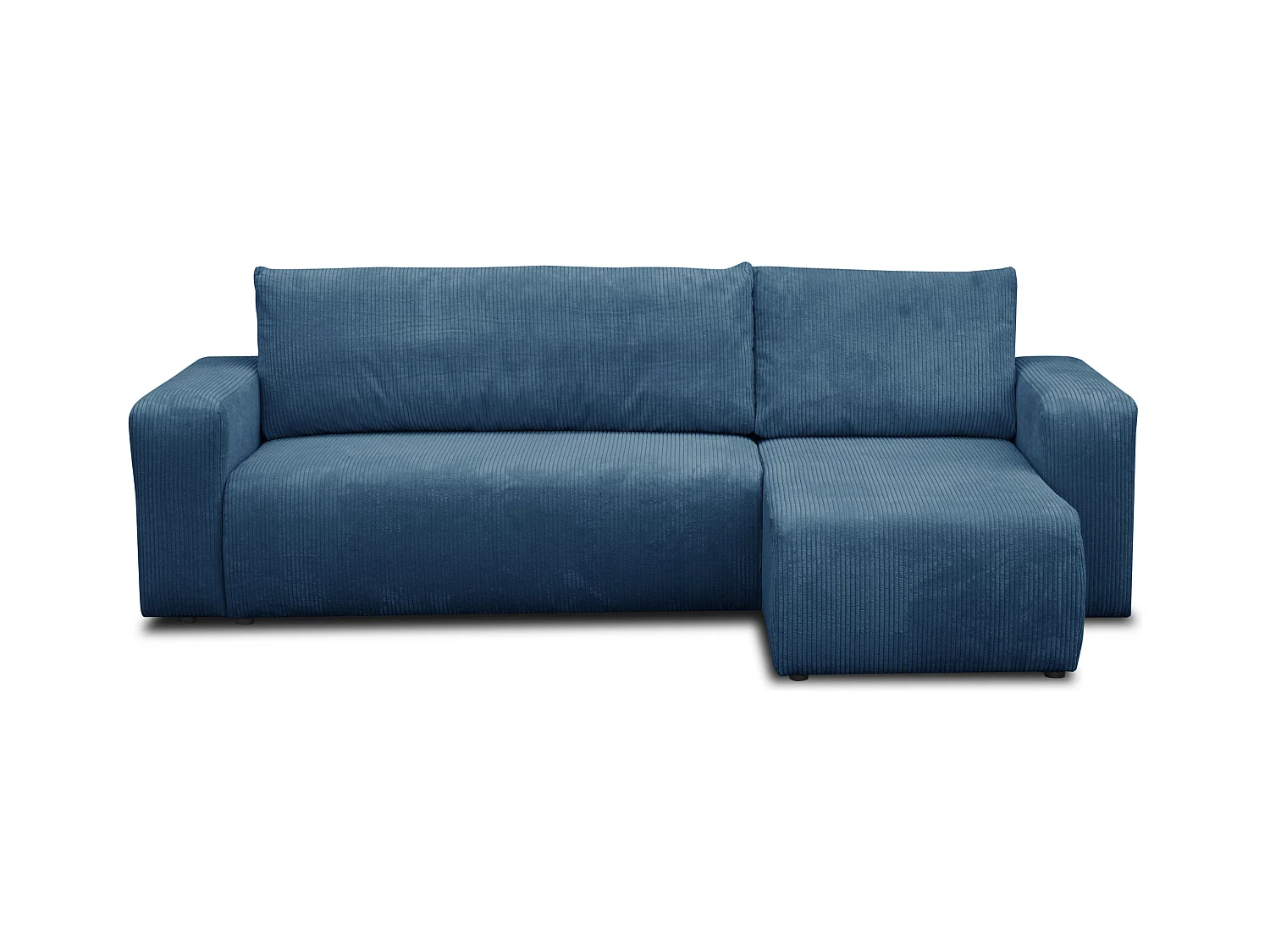 Canapé d'angle Luna L avec fonction couchage et coffre de rangement, couleur : bleu, tissu cordé, pouf universel