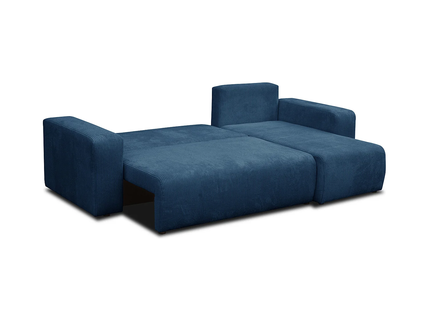 Canapé d'angle Luna L avec fonction couchage et coffre de rangement, couleur : bleu, tissu cordé, pouf universel