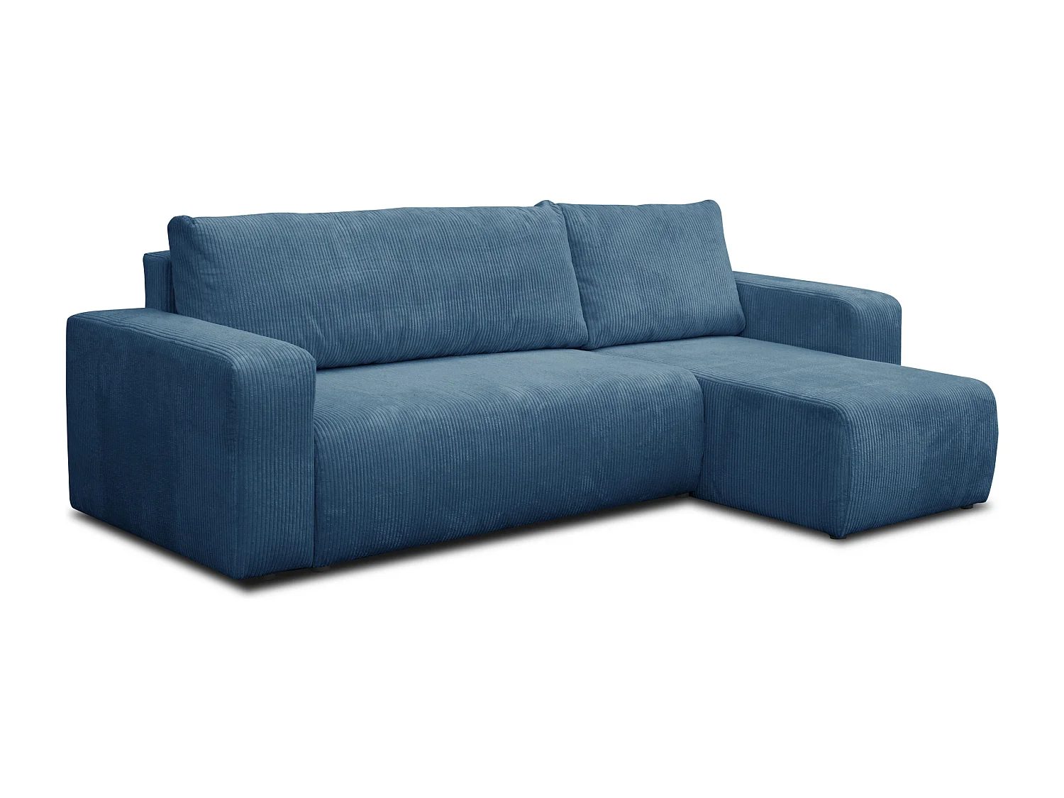 Canapé d'angle Luna L avec fonction couchage et coffre de rangement, couleur : bleu, tissu cordé, pouf universel