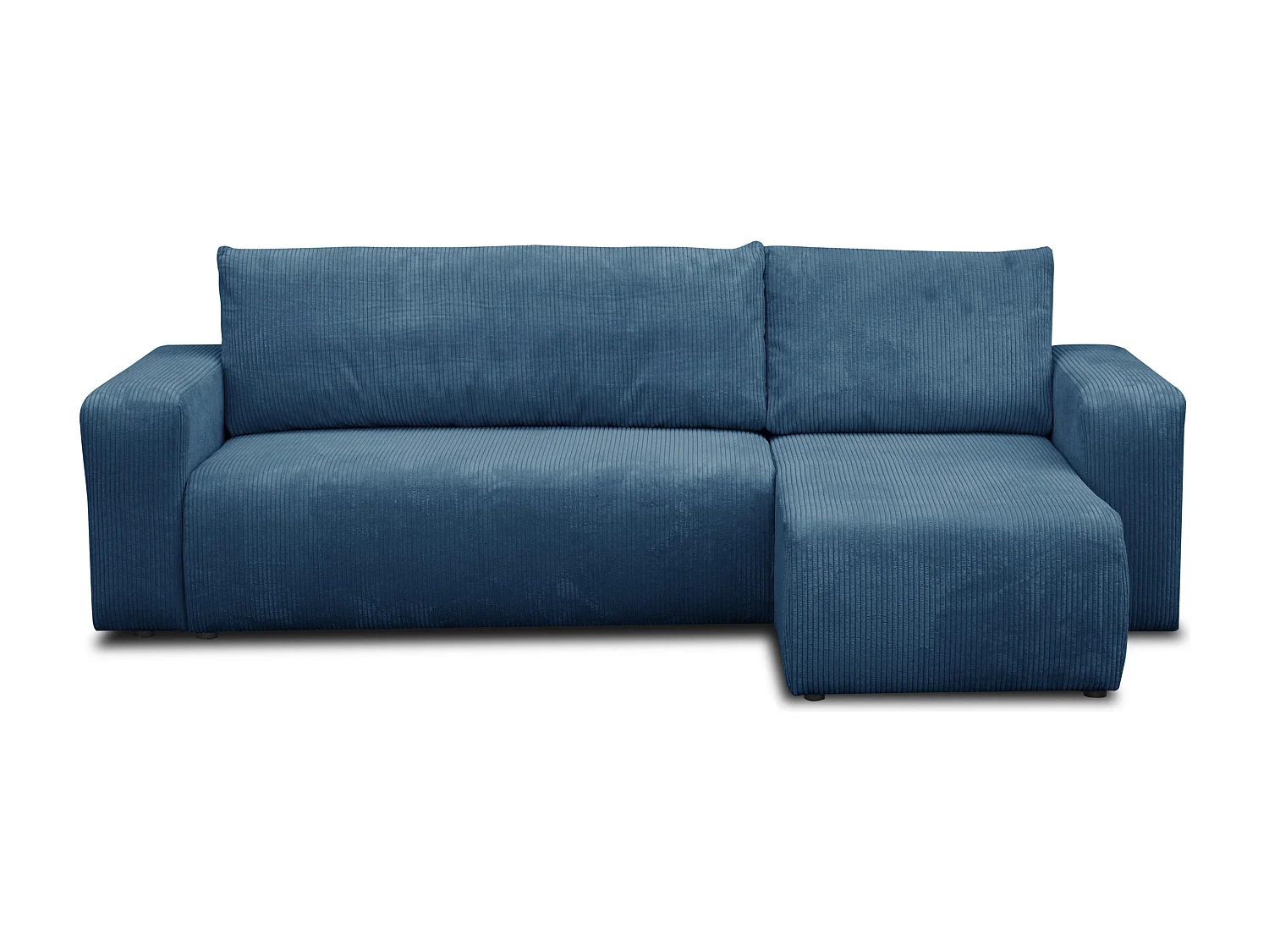 Canapé d'angle Luna L avec fonction couchage et coffre de rangement, couleur : bleu, tissu cordé, pouf universel