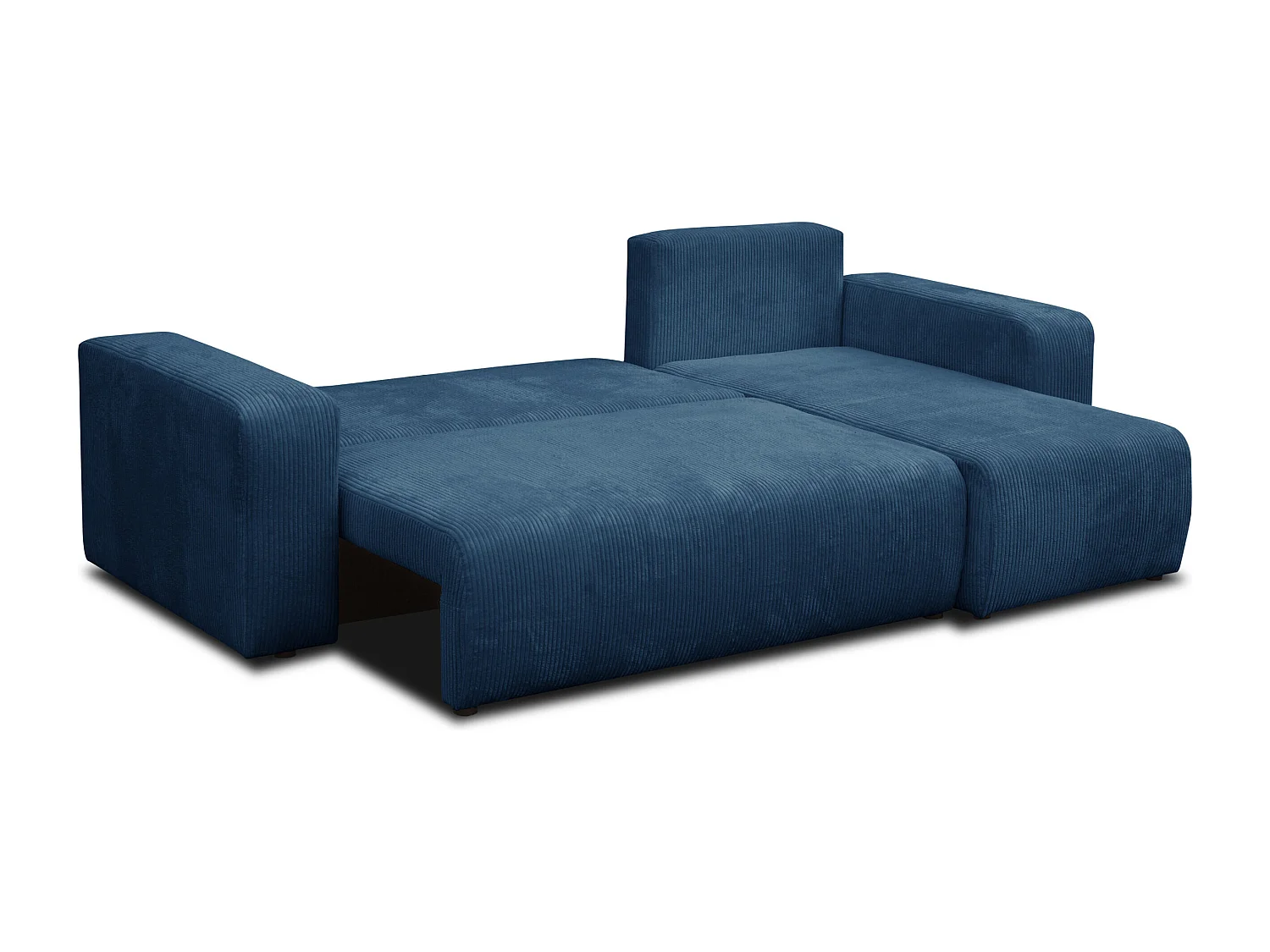 Canapé d'angle Luna L avec fonction couchage et coffre de rangement, couleur : bleu, tissu cordé, pouf universel