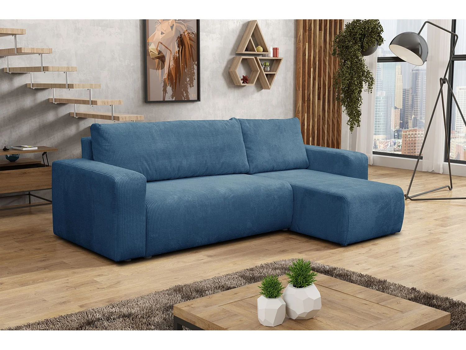 Hoekbank Luna L, hoekbank in L-vorm met slaapfunctie en bedbak, kleur: blauw, corduroy, universele ottomane