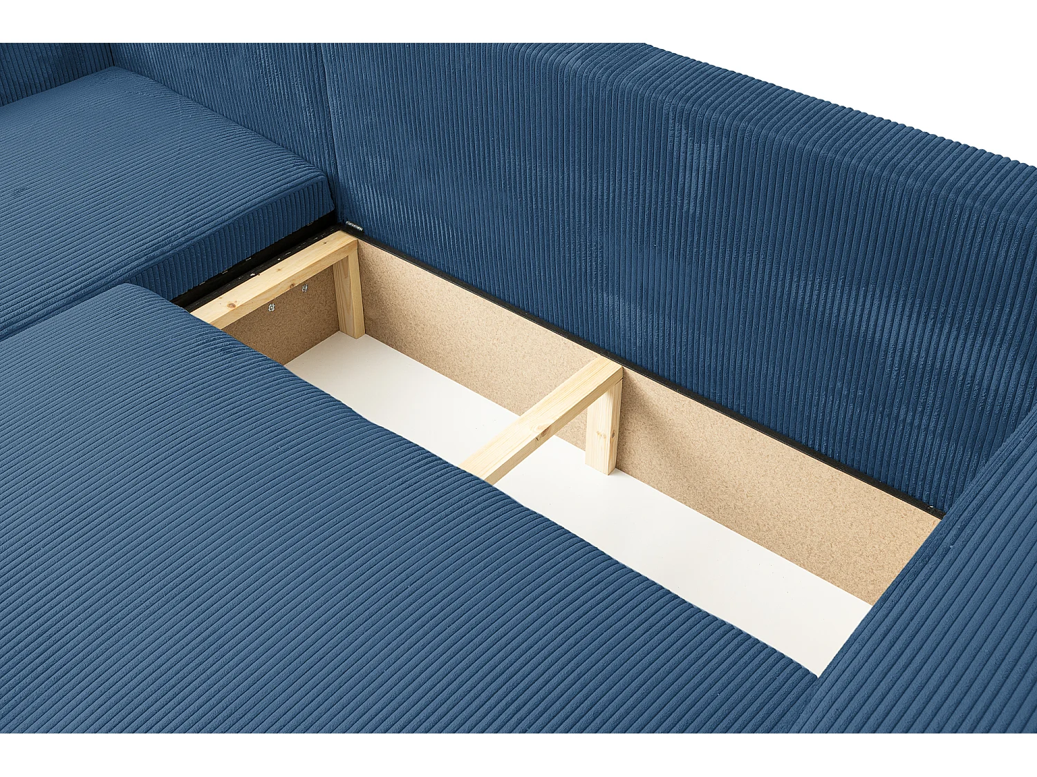 Hoekbank Luna L, hoekbank in L-vorm met slaapfunctie en bedbak, kleur: blauw, corduroy, universele ottomane