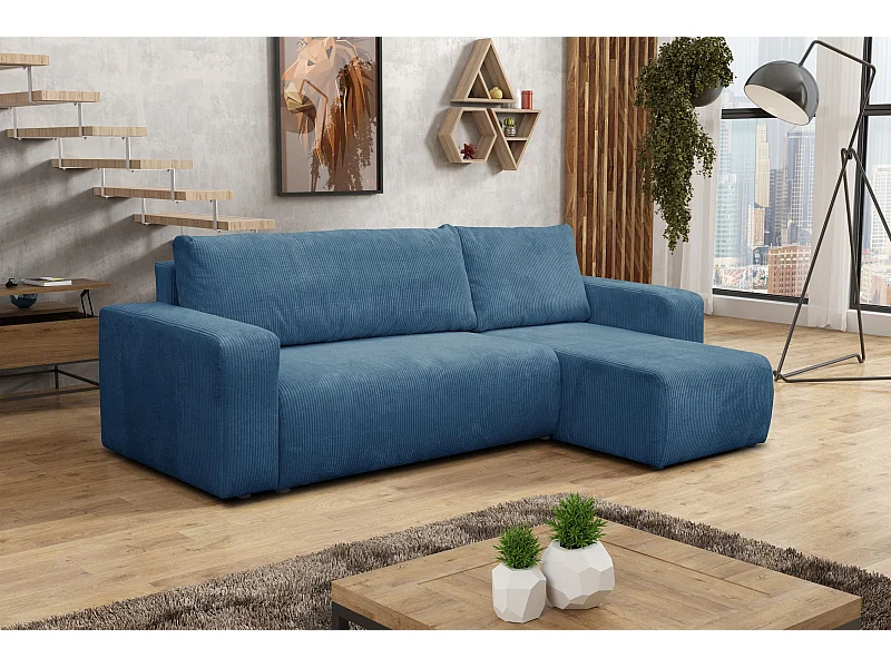 Canapé d'angle Luna L avec fonction couchage et coffre de rangement, couleur : bleu, tissu cordé, pouf universel