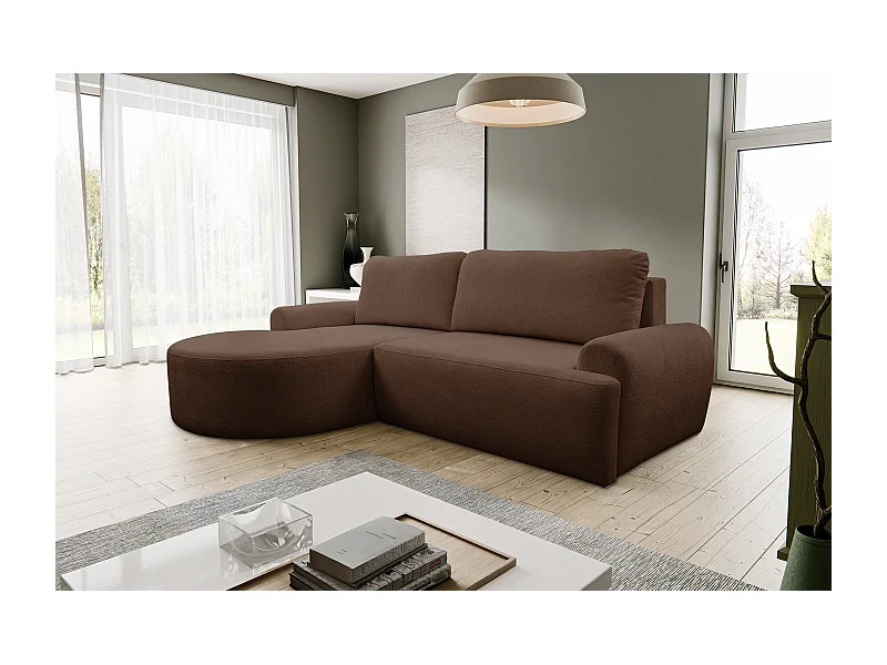 Ecksofa Dream, Eckcouch in L-Form mit Schlaffunktion und Bettkasten, Farbe: Dunkelbraun, Bouclé-Stoff, Ottomane Links